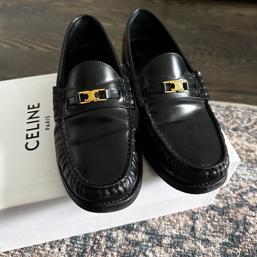 Celine Luco Triomphe Loafers - Black Leather - Womens EU 39.5